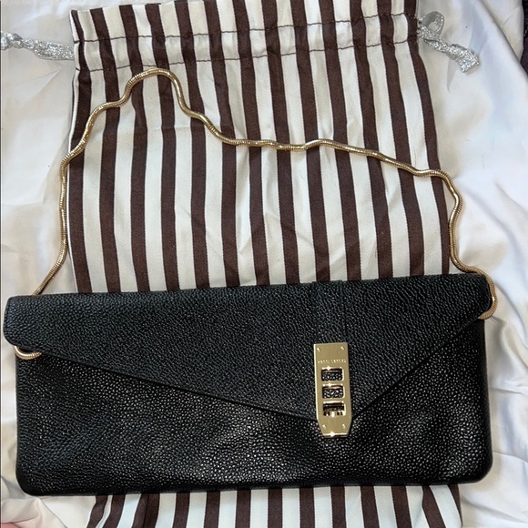 Henri Bendel Black Leather Clutch with Gold Turn-Lock